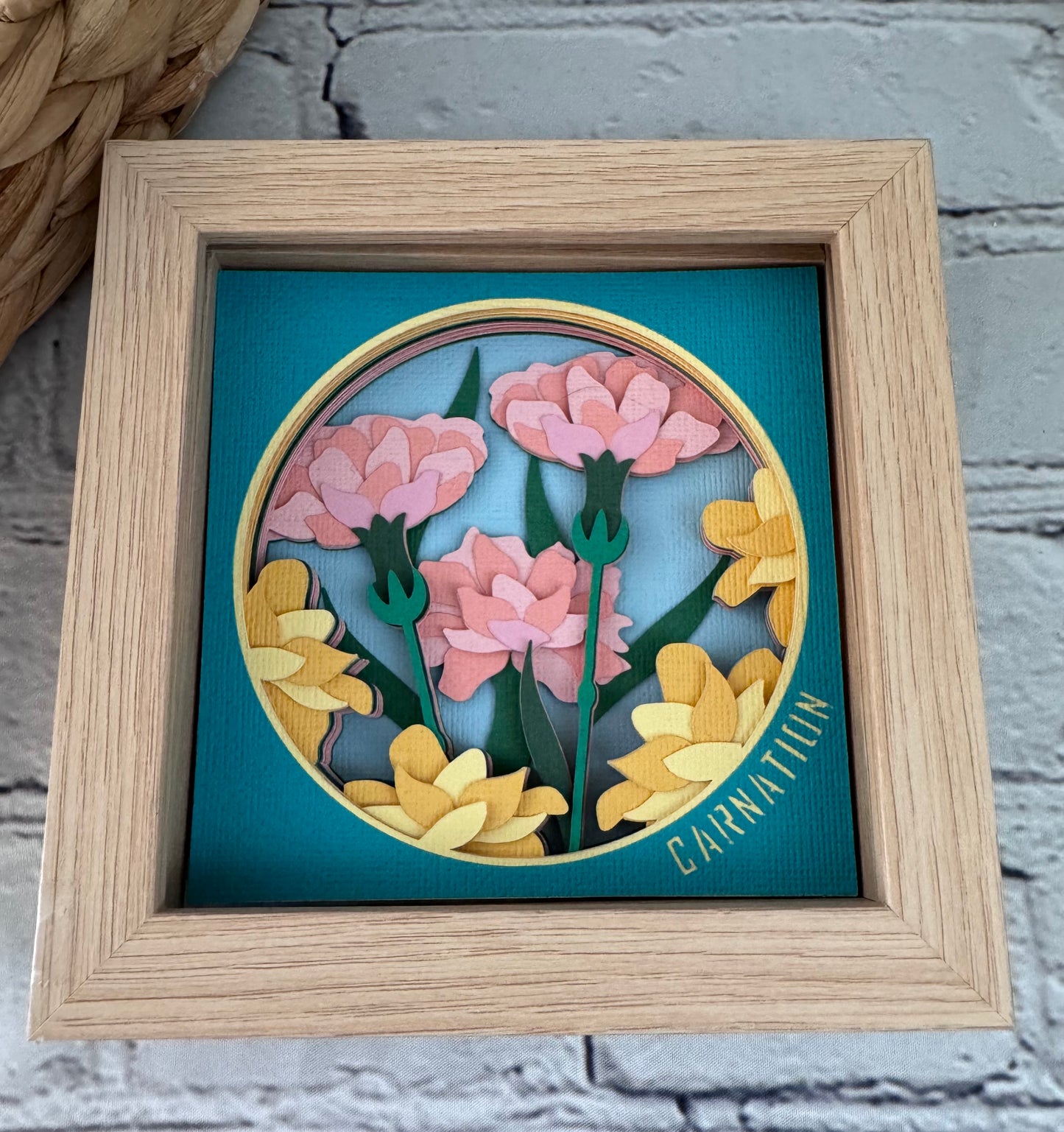 Carnation mini 3D paper art in a shadowbox