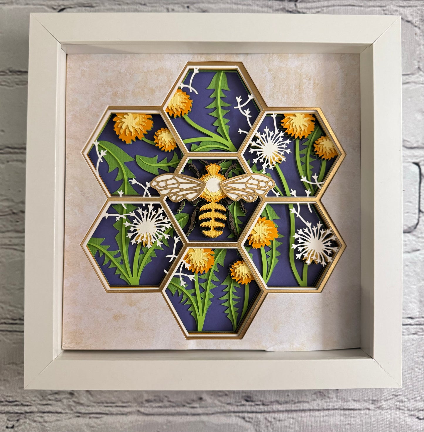 Bee scene honeycomb shape with dandelions 3D paper art in a shadowbox