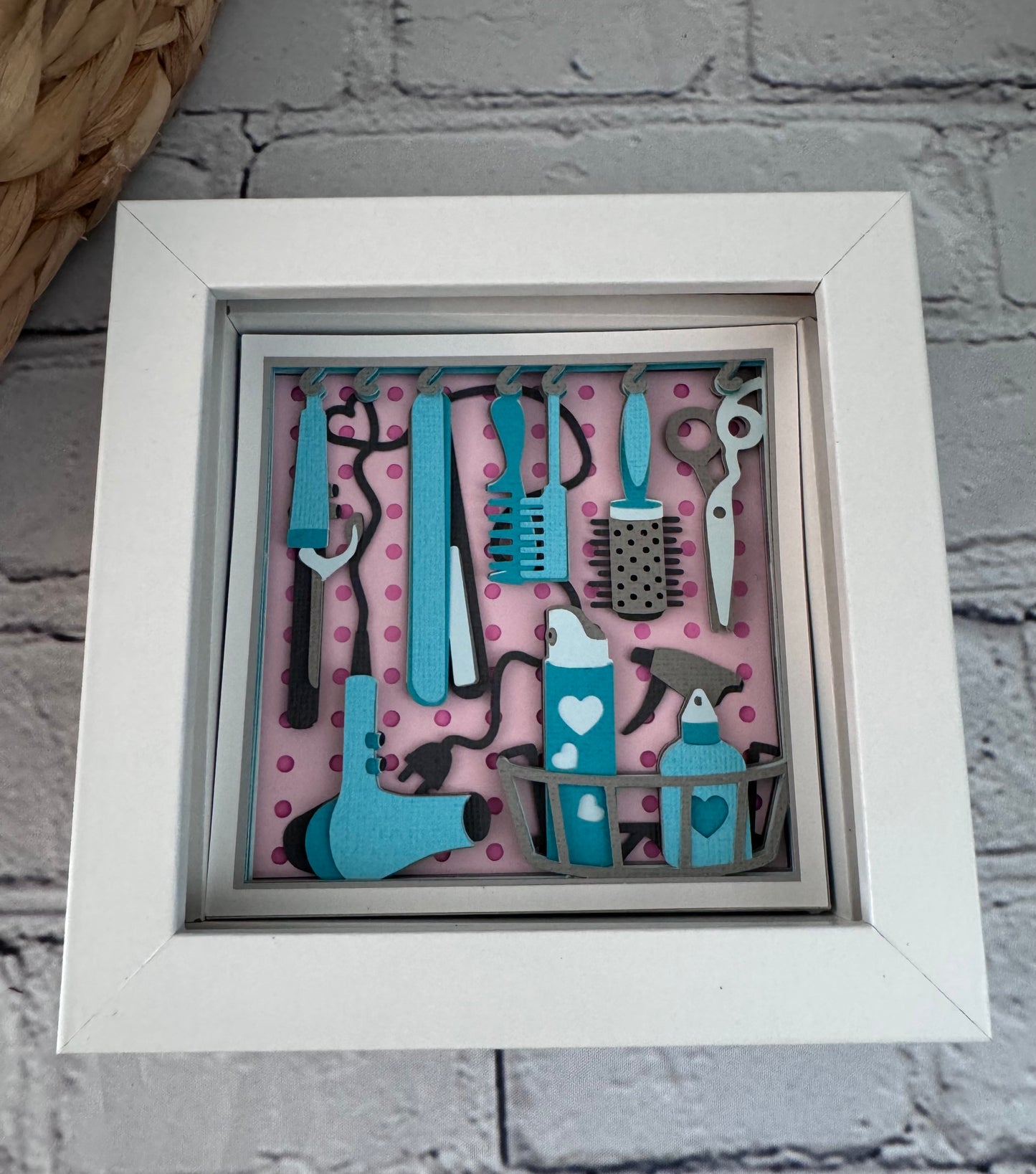 Hair dresser tools mini 3D paper art in a shadowbox