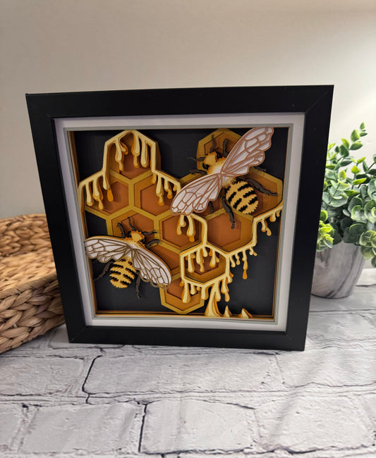 Bee scene large honeycomb with bees 3D paper art in a shadowbox