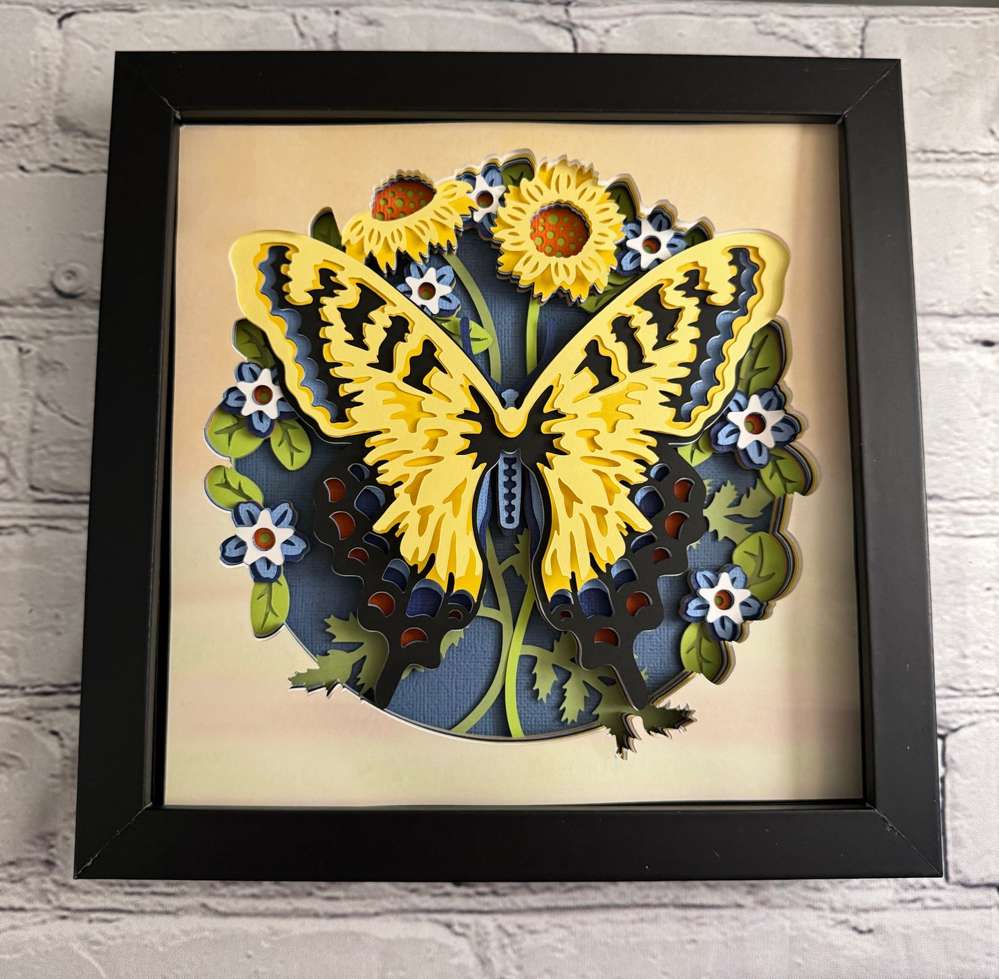 Butterfly solo scene tiger swallowtail butterfly 3D paper art in a shadowbox