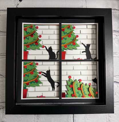 Crazy cat with Christmas tree 3D paper art shadowbox