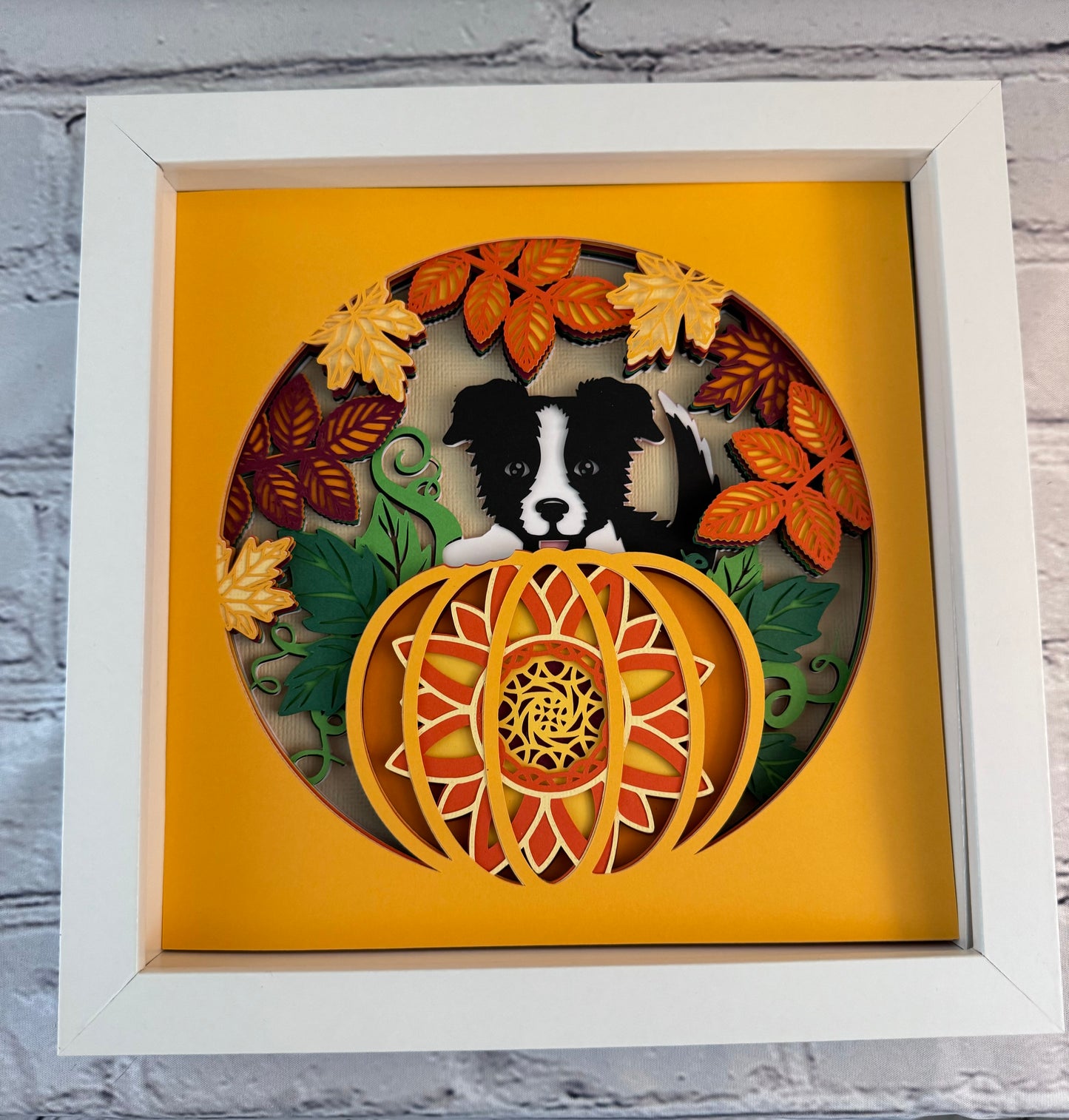 Dog in the pumpkin patch 3D paper art shadowbox