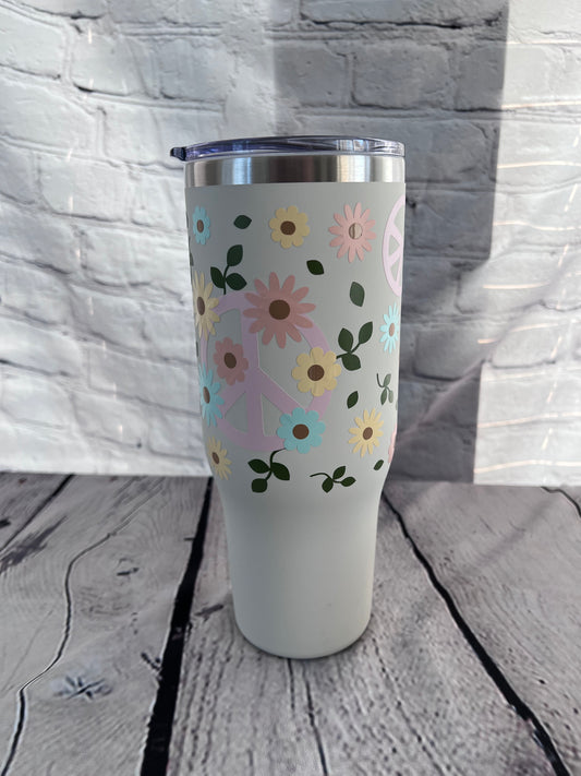 Peace flowers 40oz handle tumbler with straw and slide lid