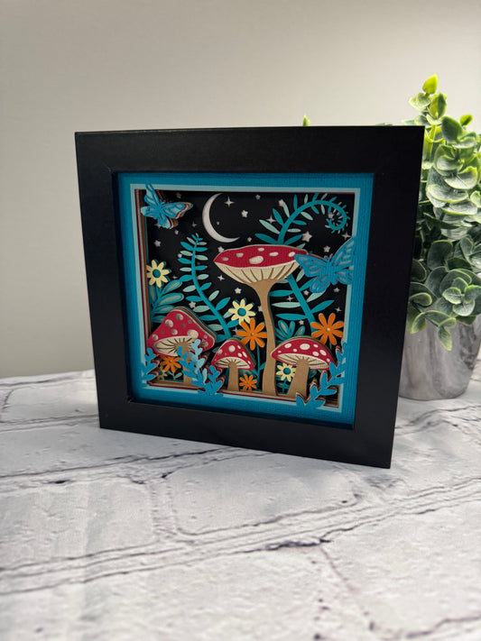 Mushroom colorful scene mini 3D paper art in a shadowbox