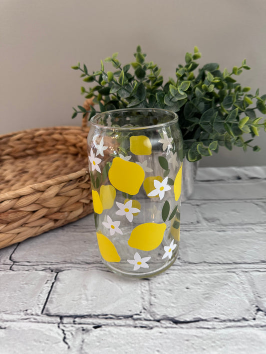 Lemon and floral beer can glass