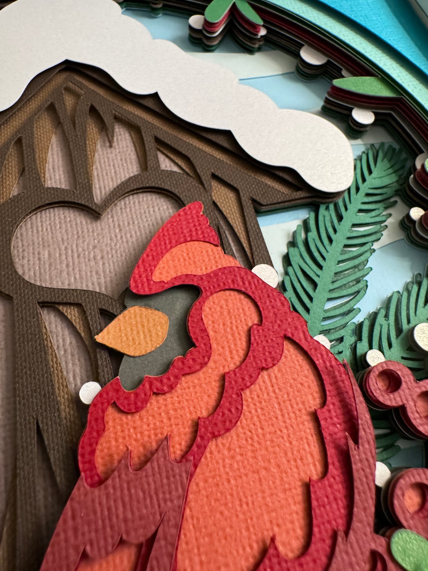 Cardinal with snowy birdhouse 3D paper art shadowbox