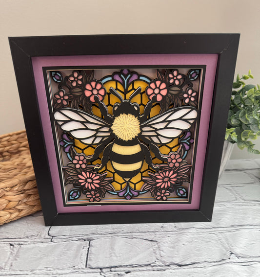 Colorful bee stained glass look 3D paper art in a shadowbox