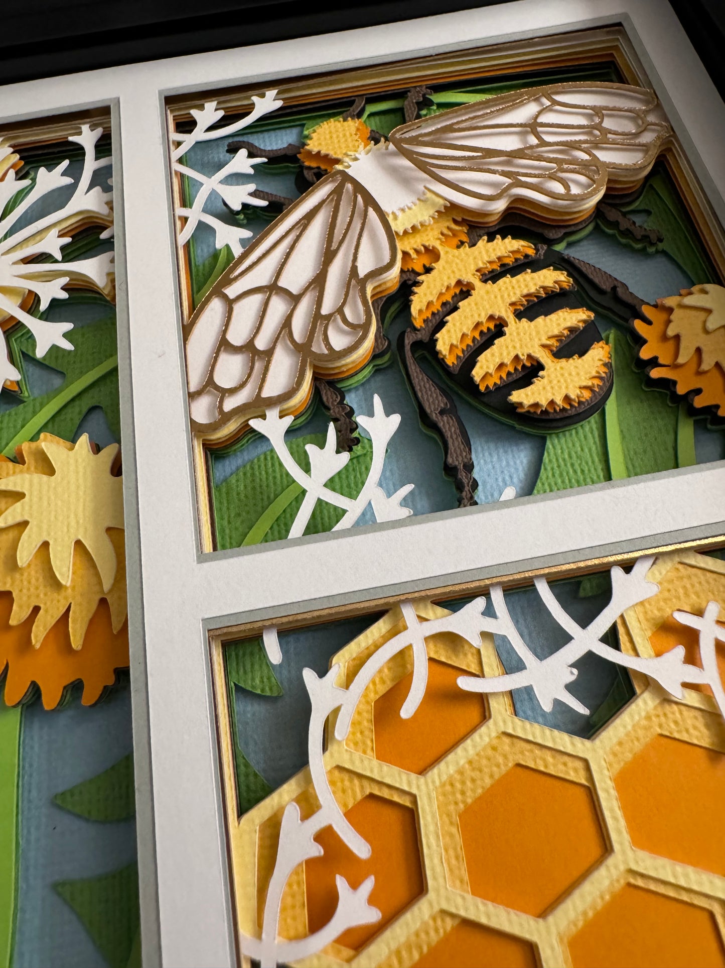 Bee scene three panel design 3D paper art in a shadowbox