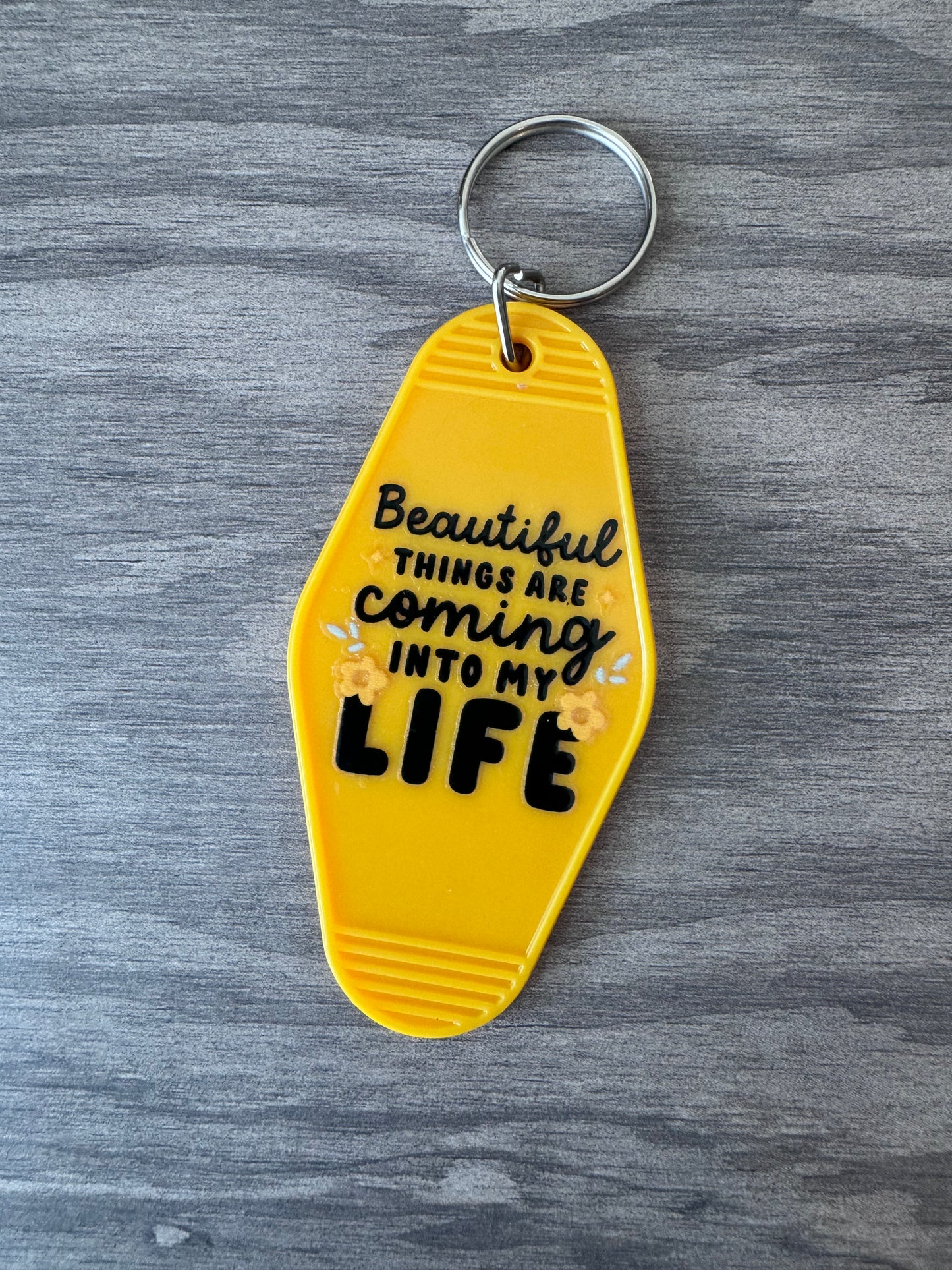 Beautiful things are coming into my life retro motel keychain