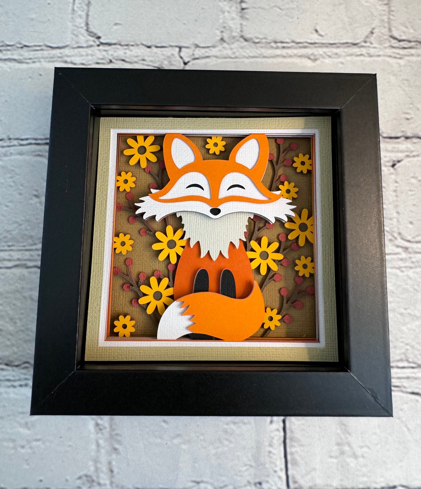 Fall fox mini 3D paper art in a shadowbox