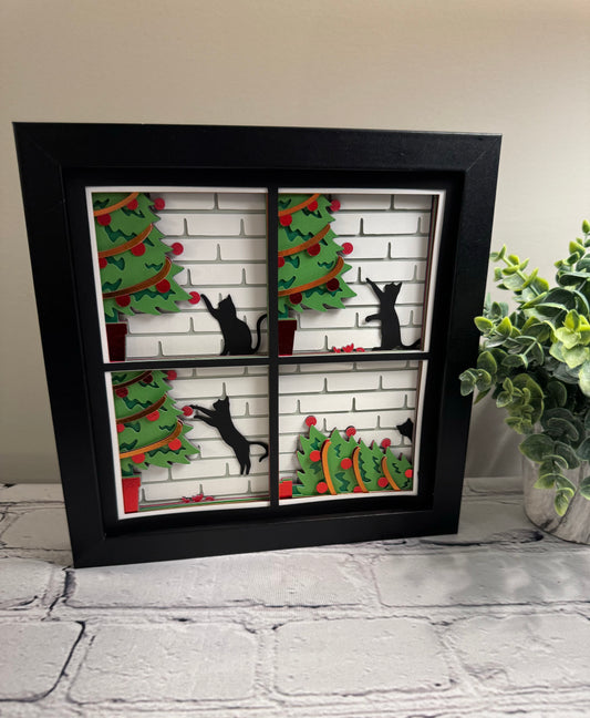 Crazy cat with Christmas tree 3D paper art shadowbox