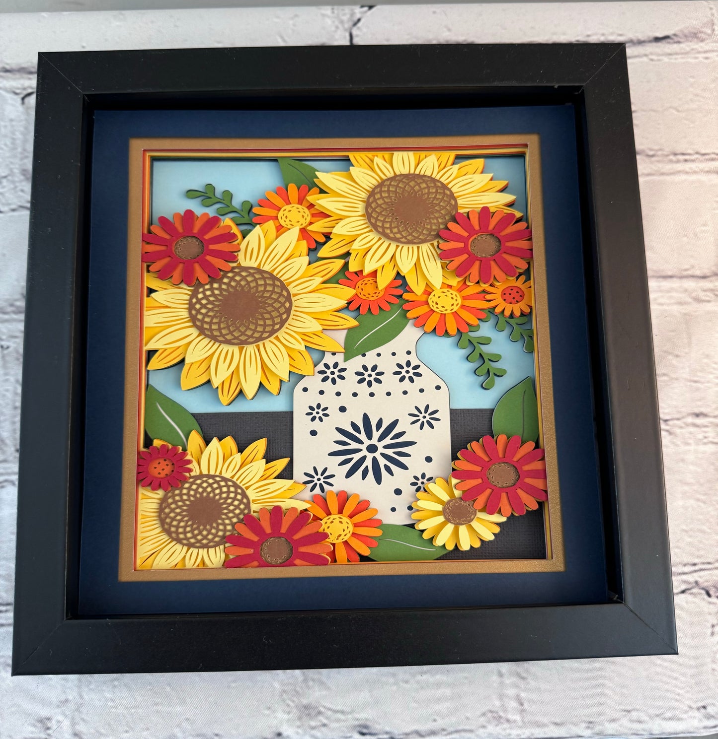 Fall flowers in a cornflower pitcher 3D paper art in a shadowbox