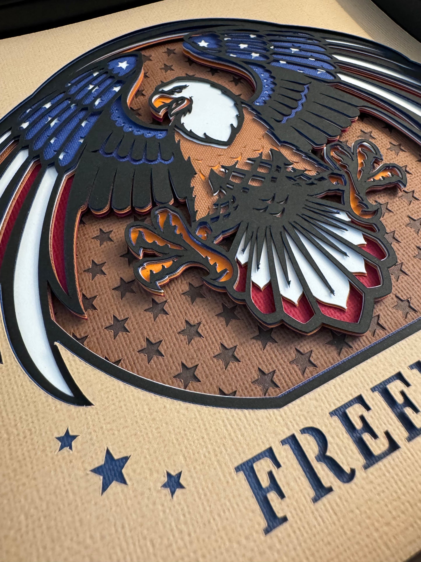 Freedom eagle 3D paper art in a shadowbox