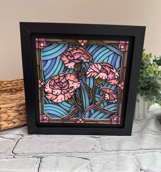 Stained glass pink carnations 3D paper art in a shadowbox