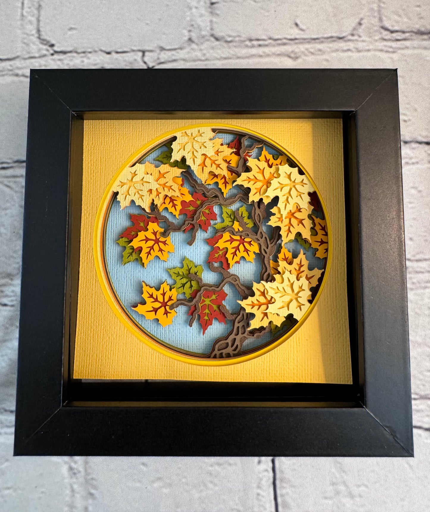 Fall maple tree branch mini 3D paper art in a shadowbox