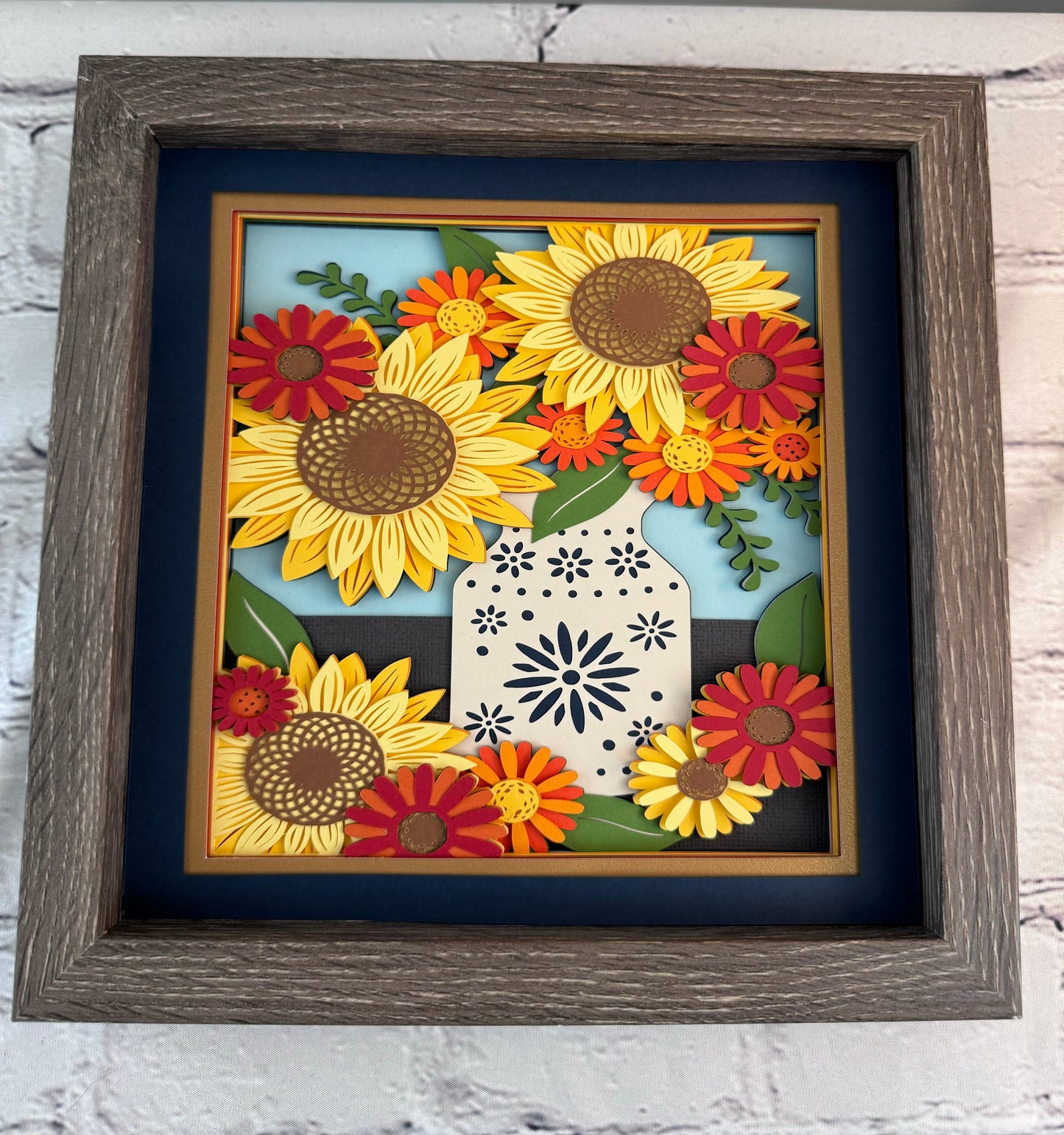 Fall flowers in a cornflower pitcher 3D paper art in a shadowbox