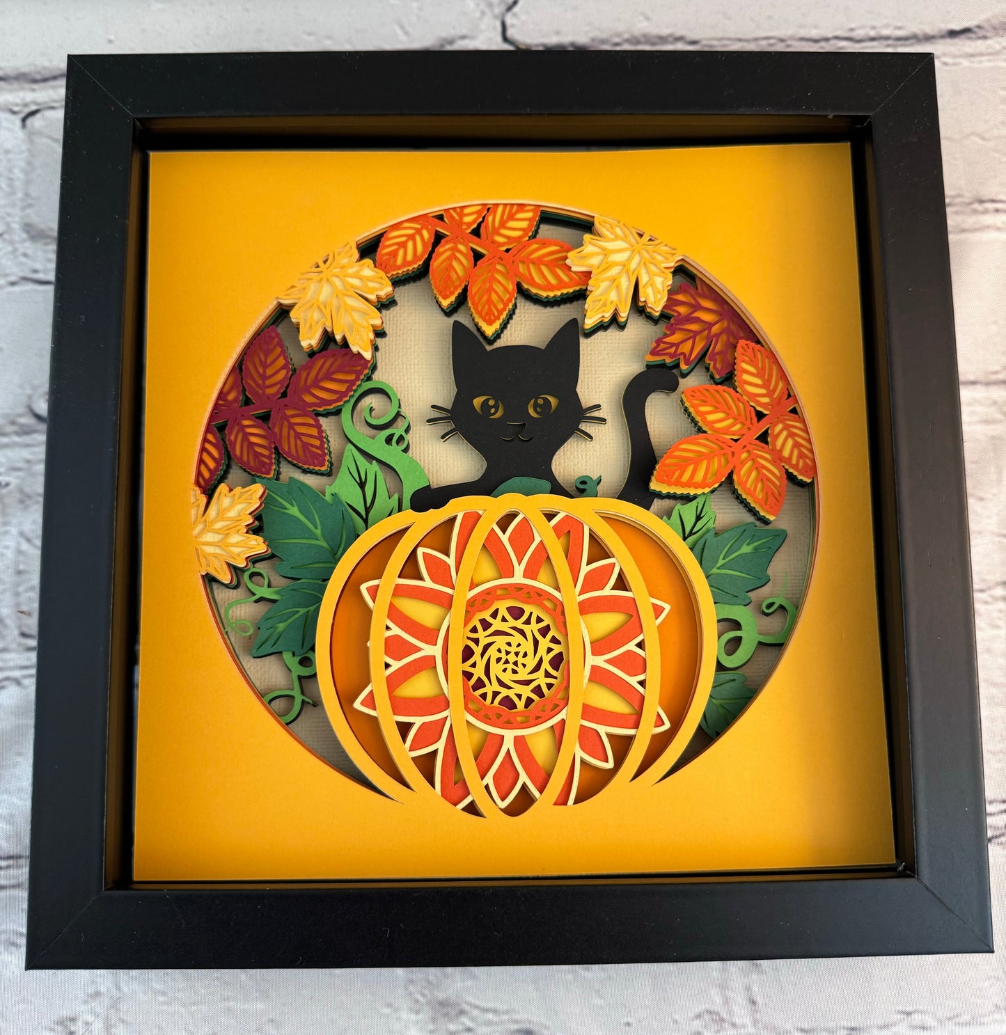 Cat in the pumpkin patch 3D paper art shadowbox