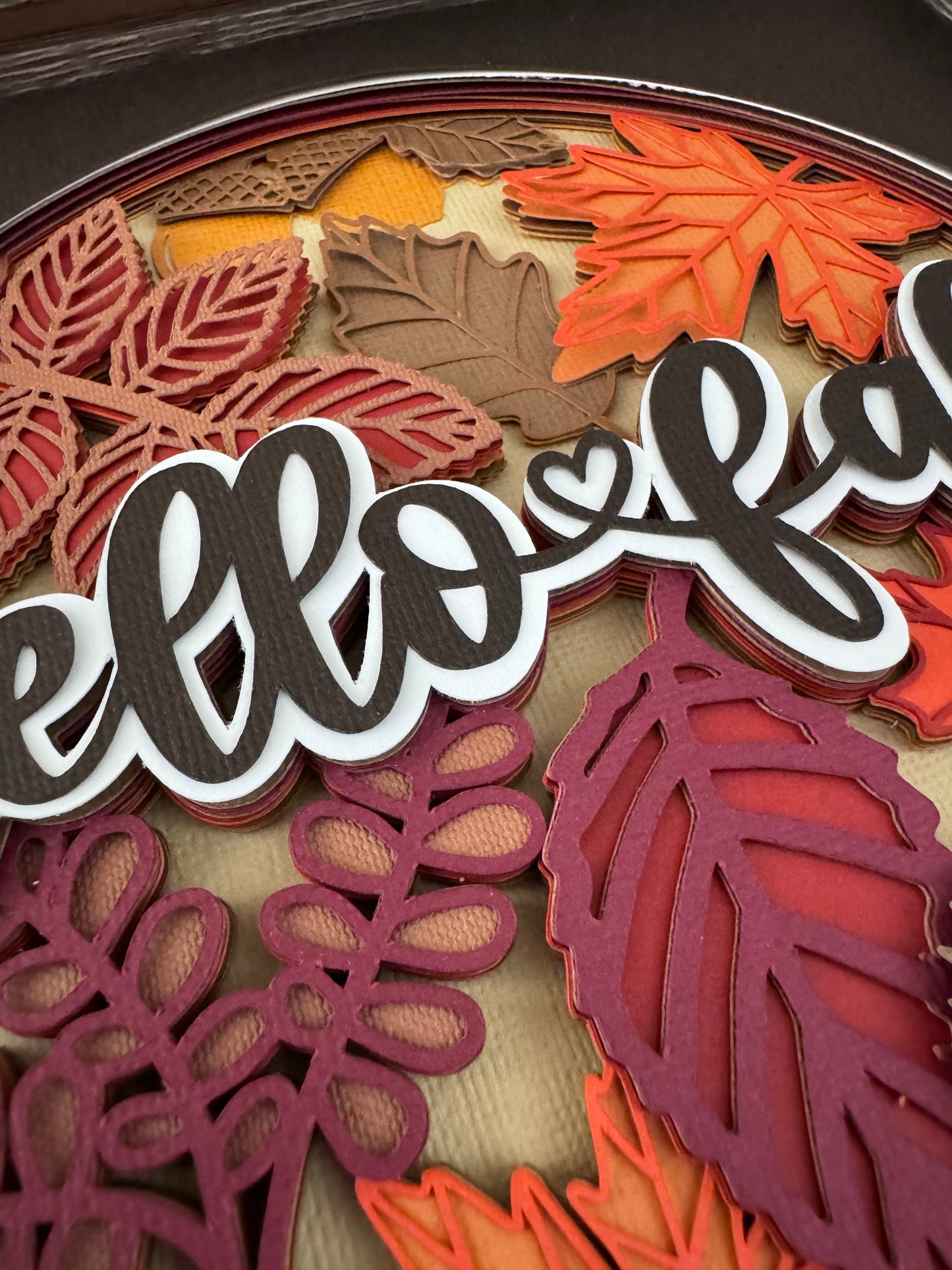 Hello fall leaves and acorns design 3D paper art in a shadowbox