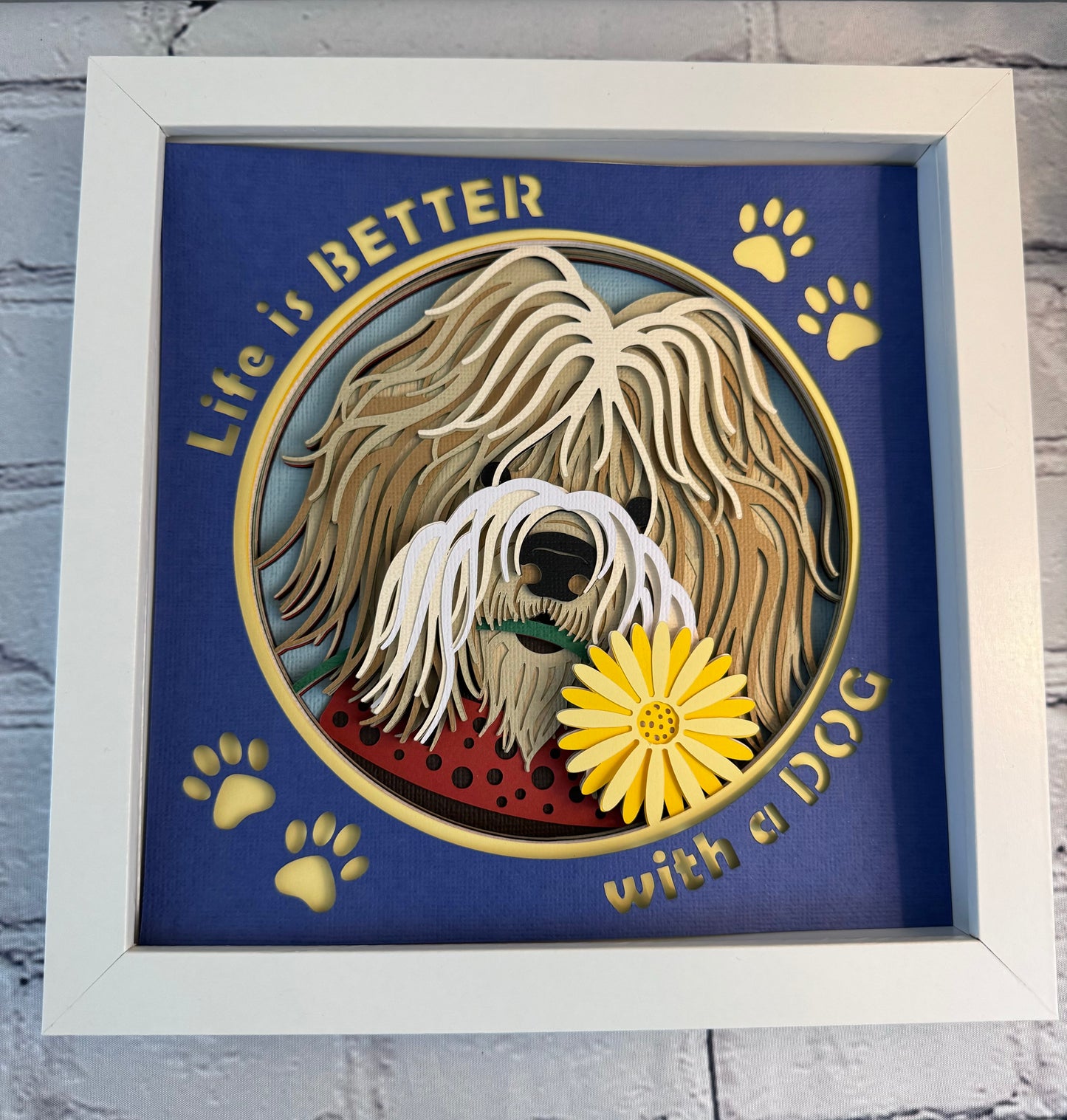 Life is better with a dog 3D paper art in a shadowbox