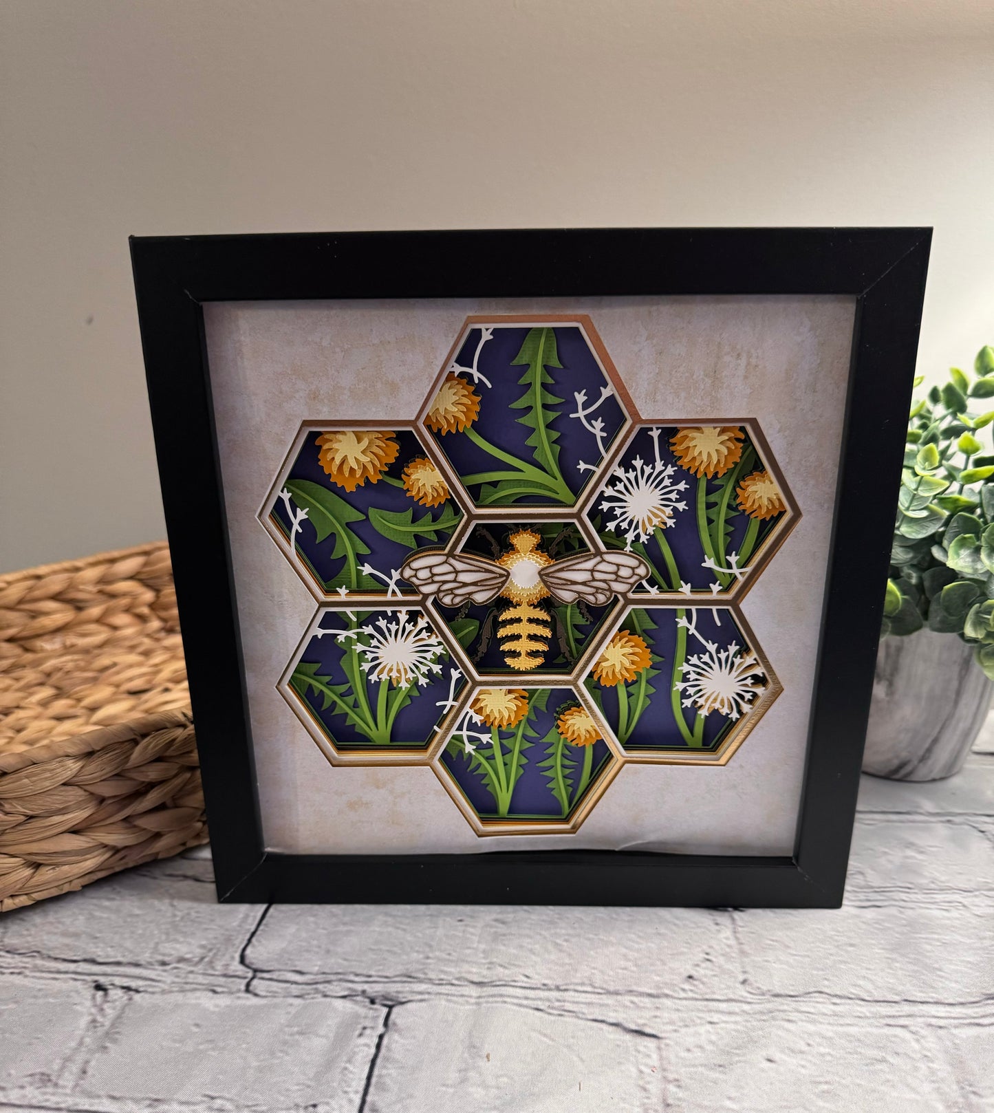 Bee scene honeycomb shape with dandelions 3D paper art in a shadowbox