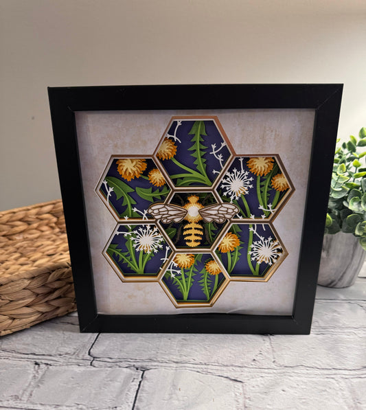 Bee scene honeycomb shape with dandelions 3D paper art in a shadowbox