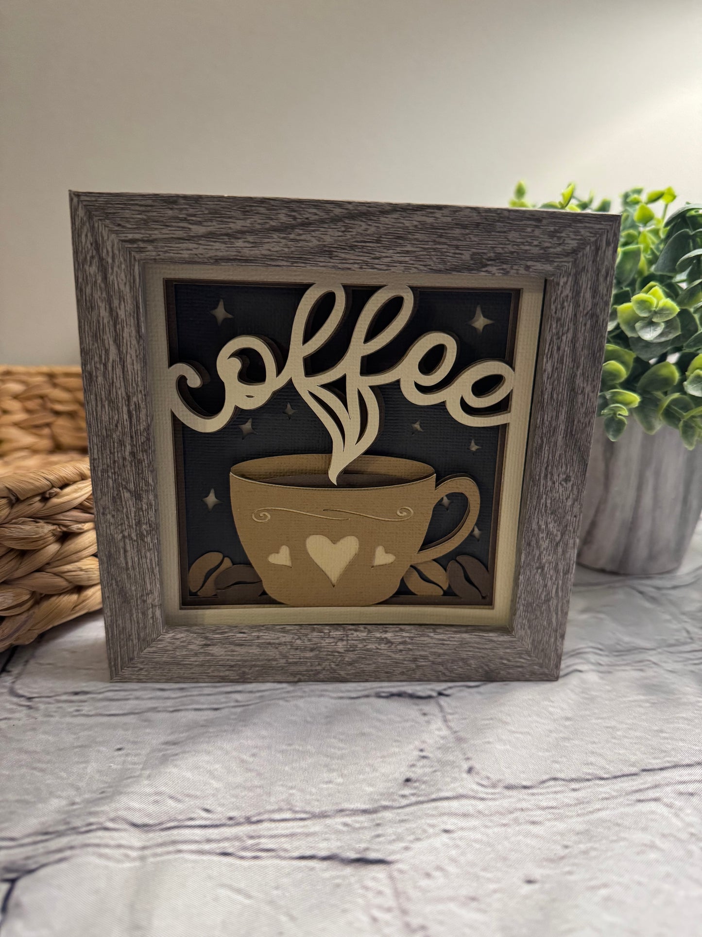 Coffee cup with hearts mini 3D paper art in a shadowbox