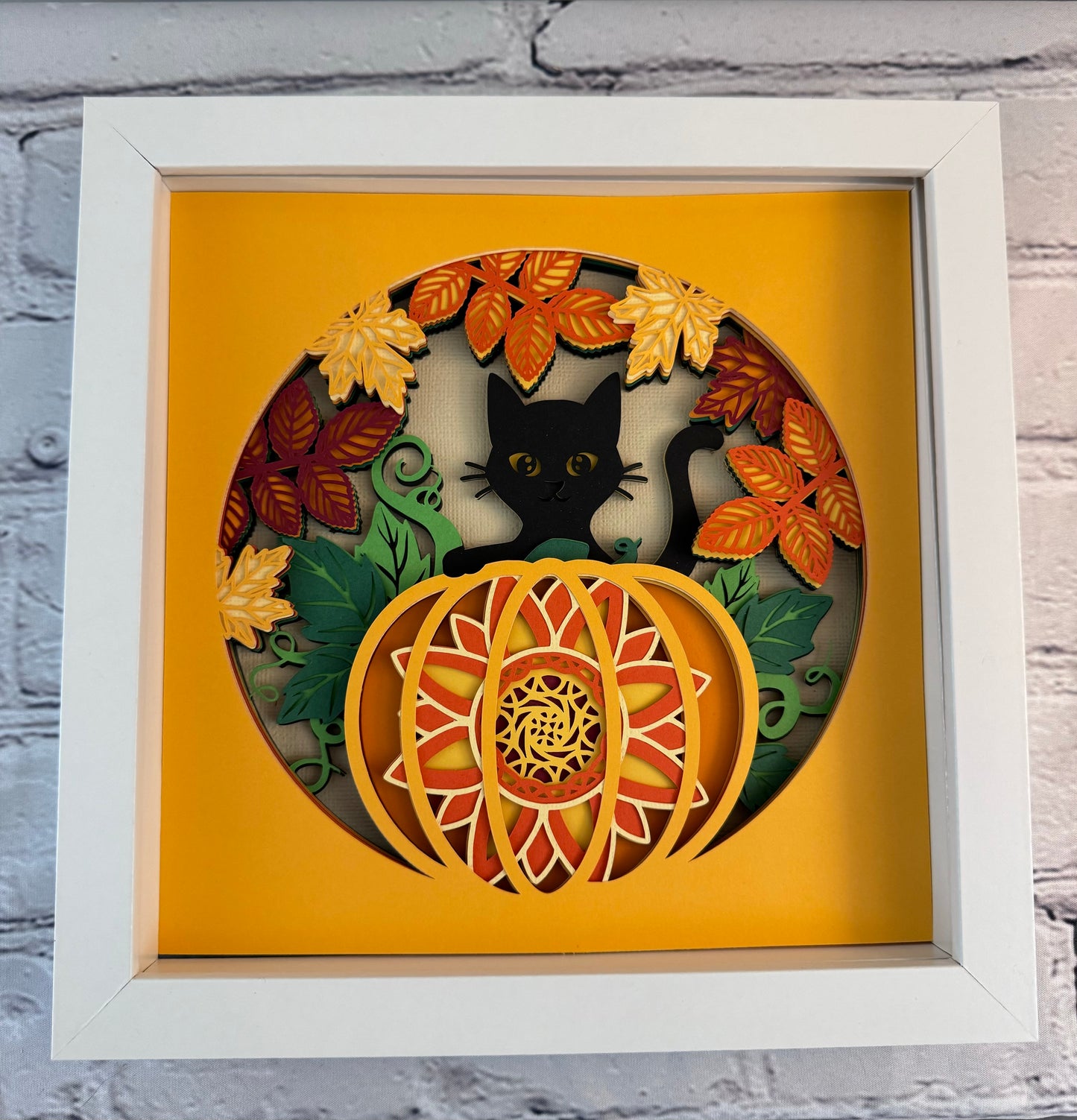 Cat in the pumpkin patch 3D paper art shadowbox