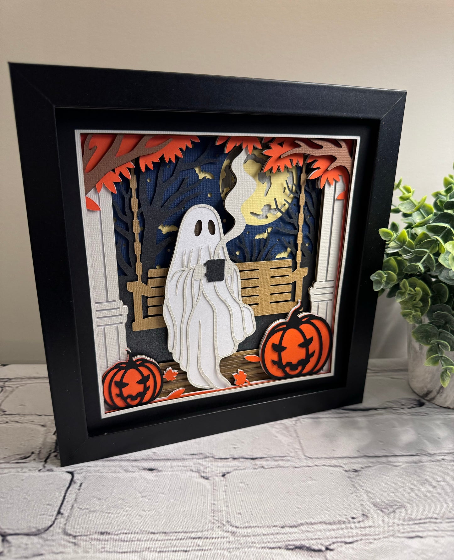 Ghost with coffee on swing 3D paper art shadowbox