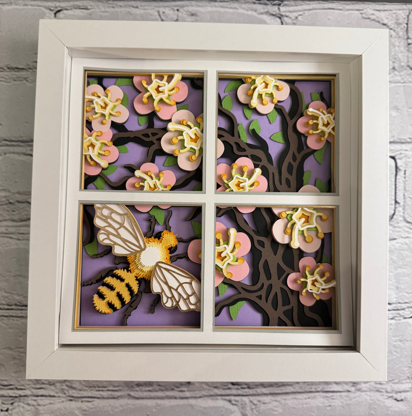 Bee scene bee with floral tree 3D paper art in a shadowbox