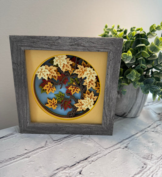 Fall maple tree branch mini 3D paper art in a shadowbox