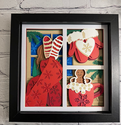 Lounging girl with hot cocoa 3D paper art shadowbox