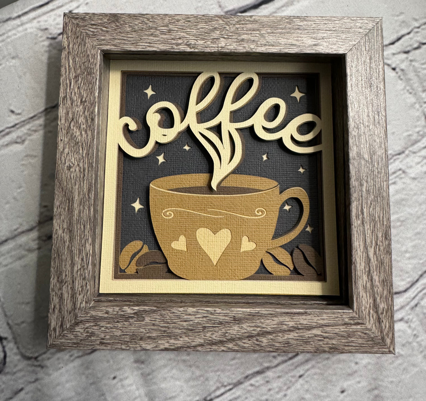 Coffee cup with hearts mini 3D paper art in a shadowbox