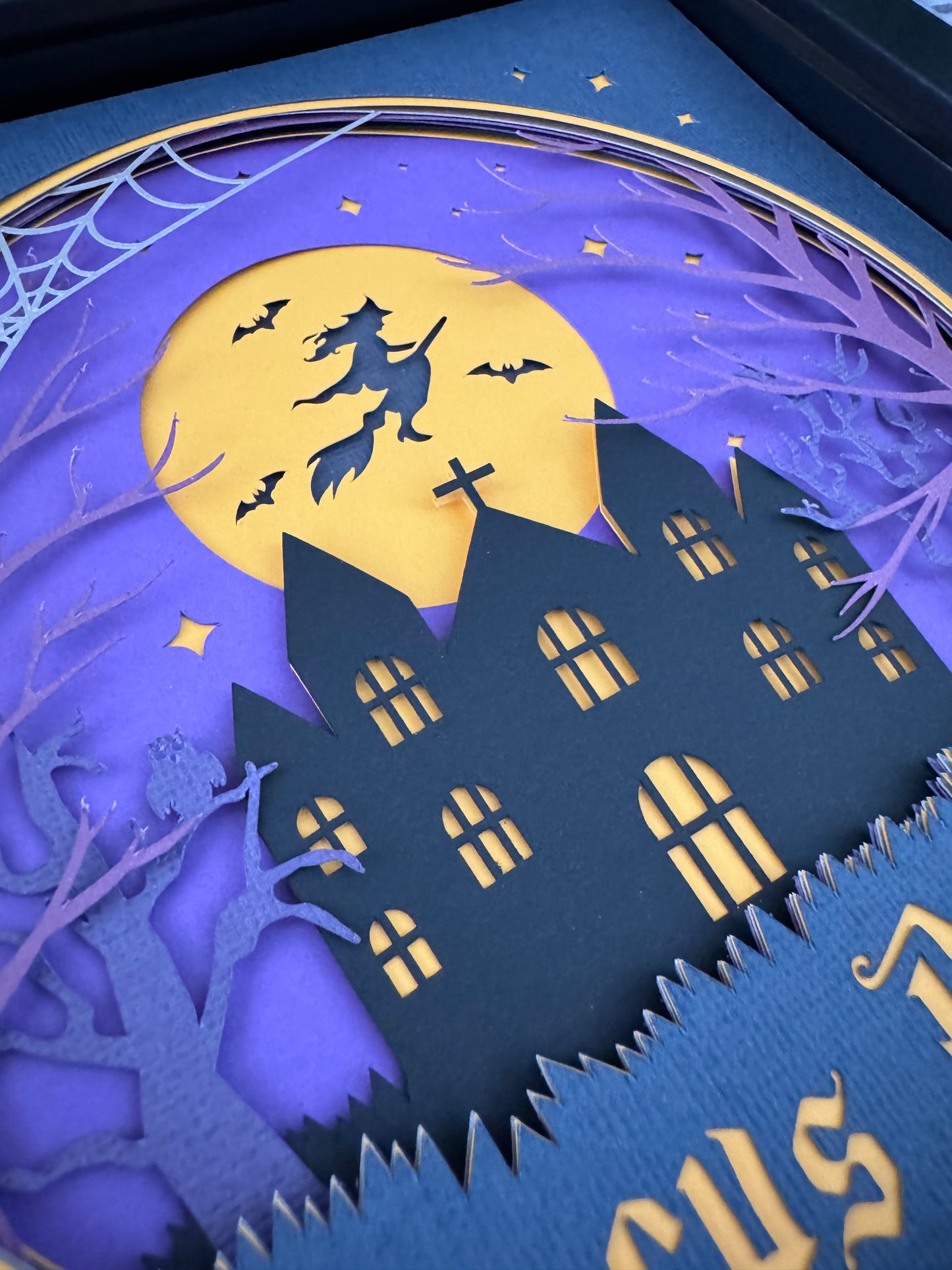 Purple hocus pocus witch flying design 3D paper art in a shadowbox