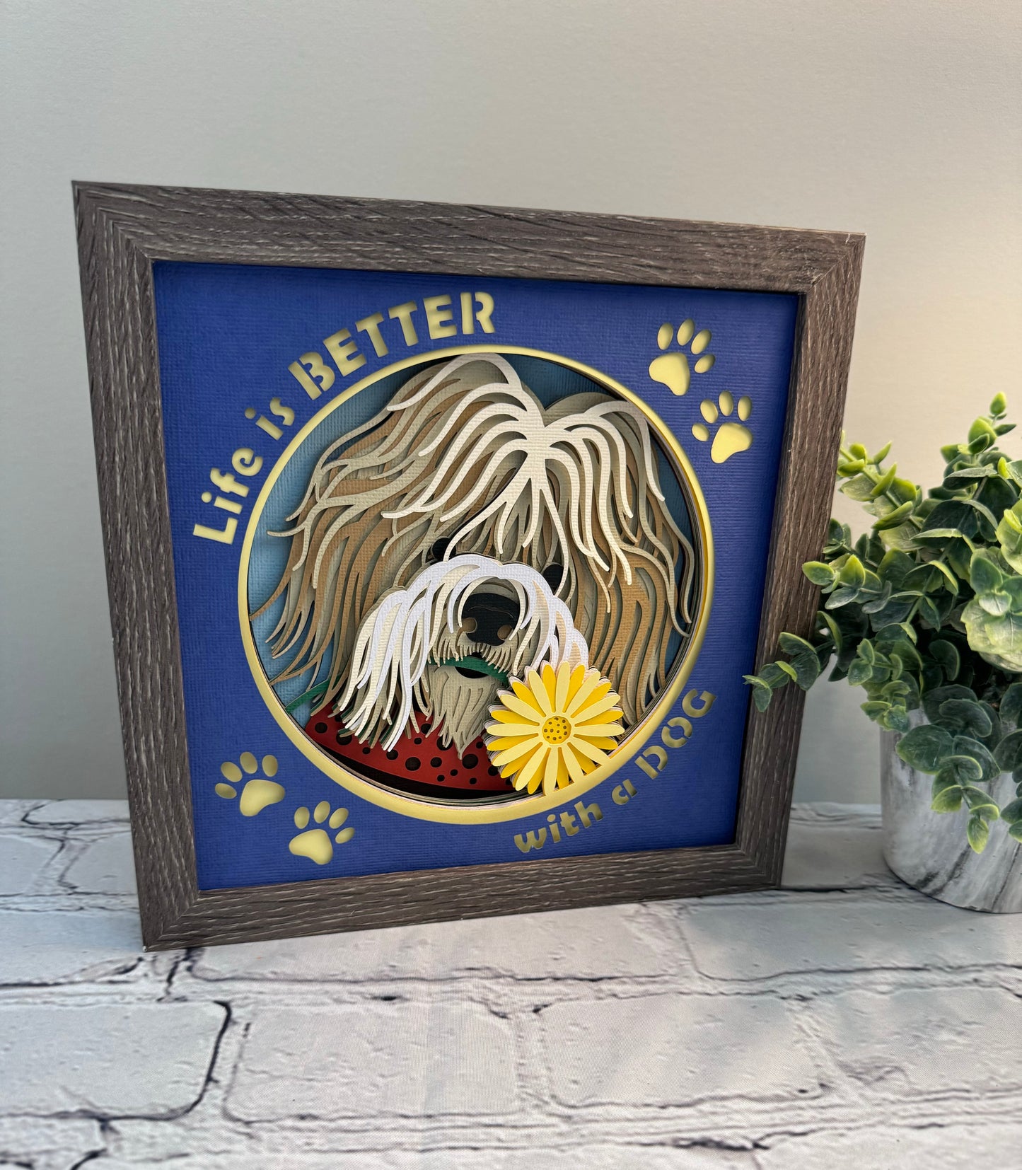 Life is better with a dog 3D paper art in a shadowbox