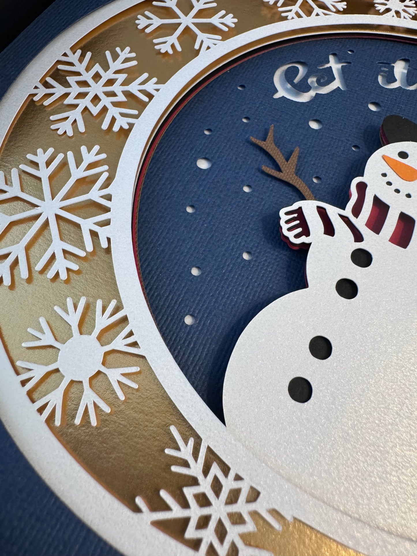 Snowman on crescent moon 3D paper art shadowbox