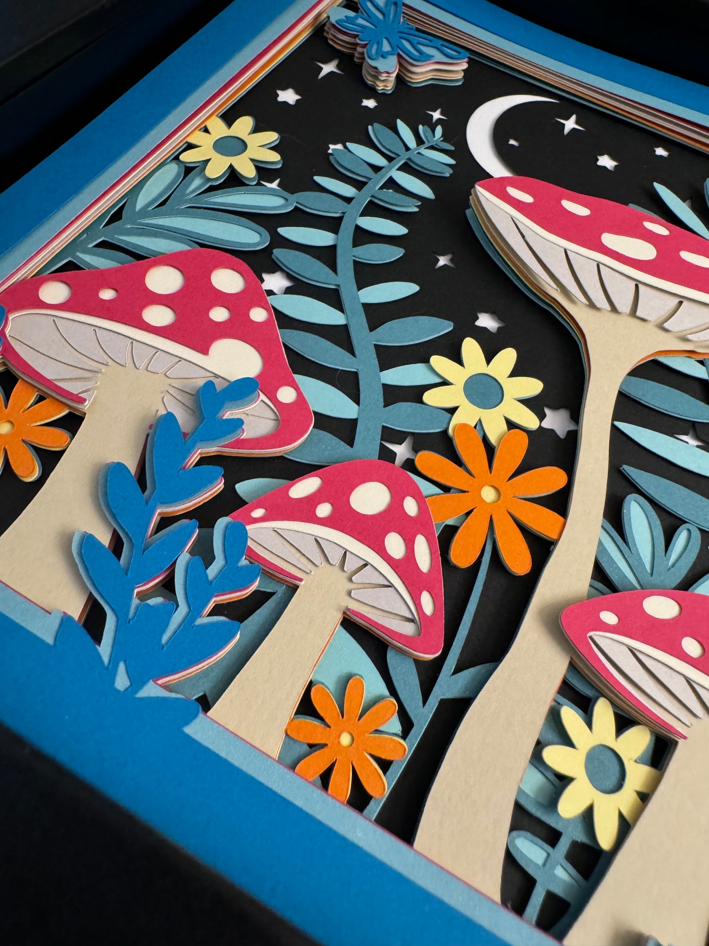 Mushroom colorful scene 3D paper art in a shadowbox