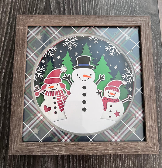 Snowman trio 3D paper art in a shadowbox