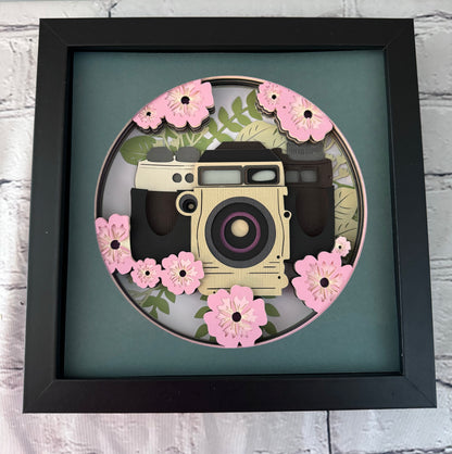 Camera with flowers design 3D paper art in a shadowbox