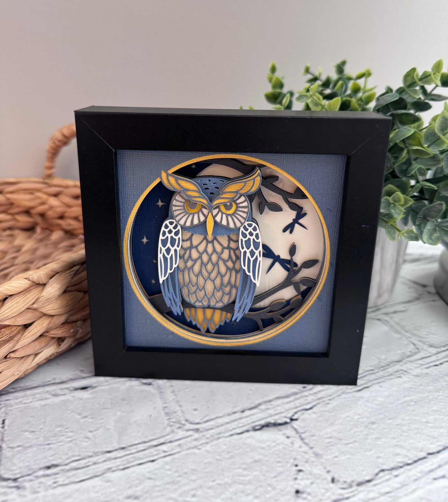 Owl nighttime scene mini 3D paper art in a shadowbox