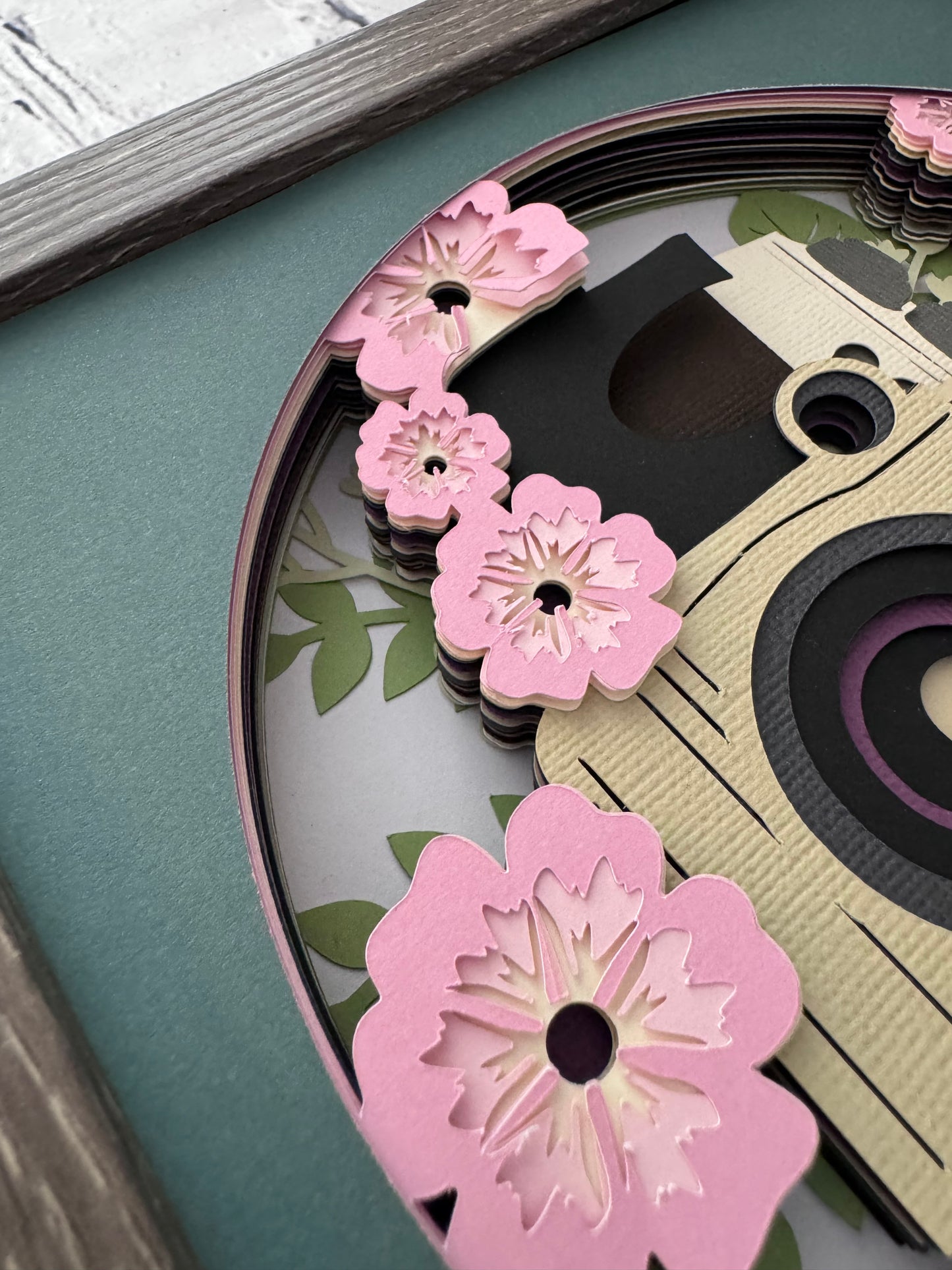 Camera with flowers design 3D paper art in a shadowbox