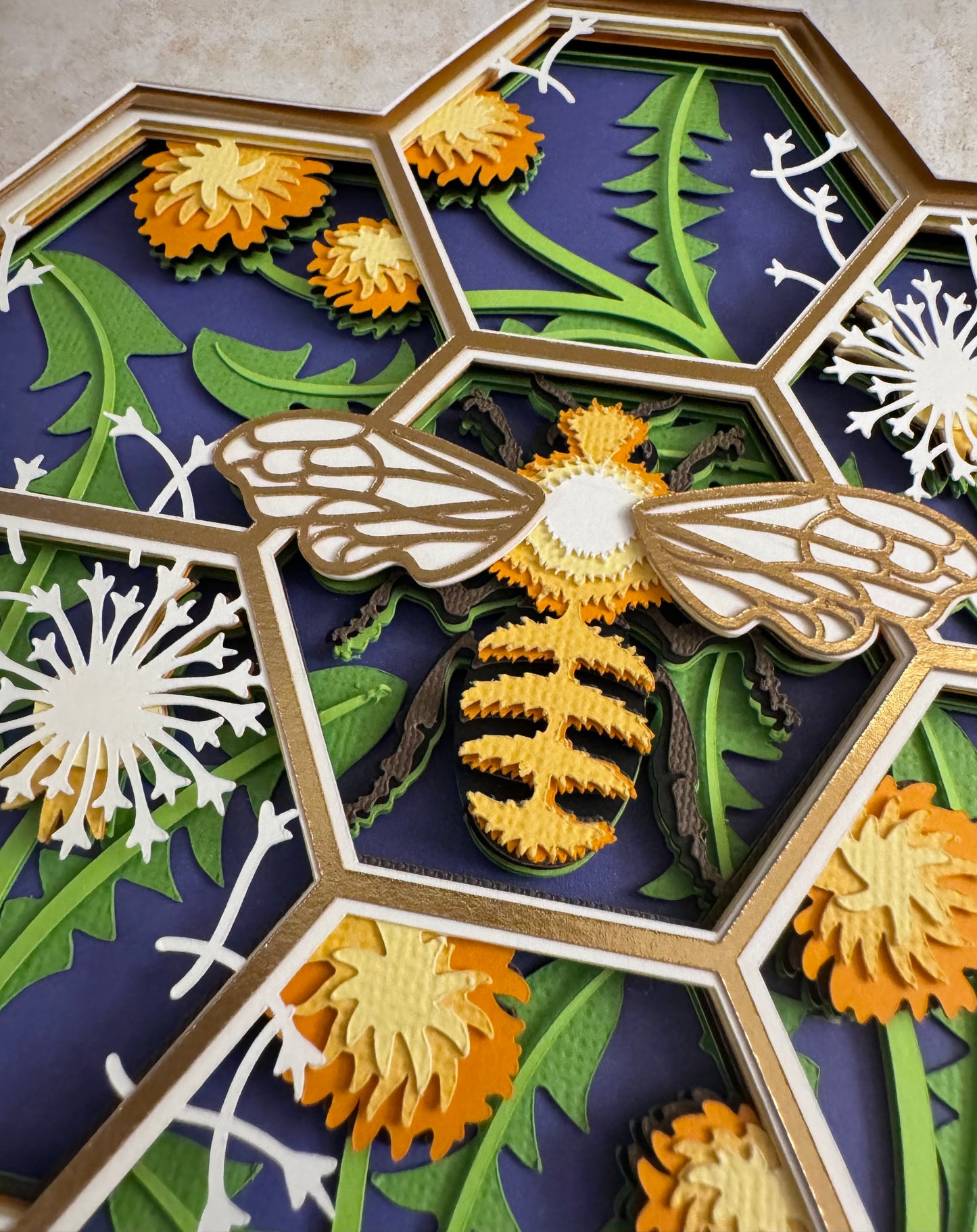 Bee scene honeycomb shape with dandelions 3D paper art in a shadowbox