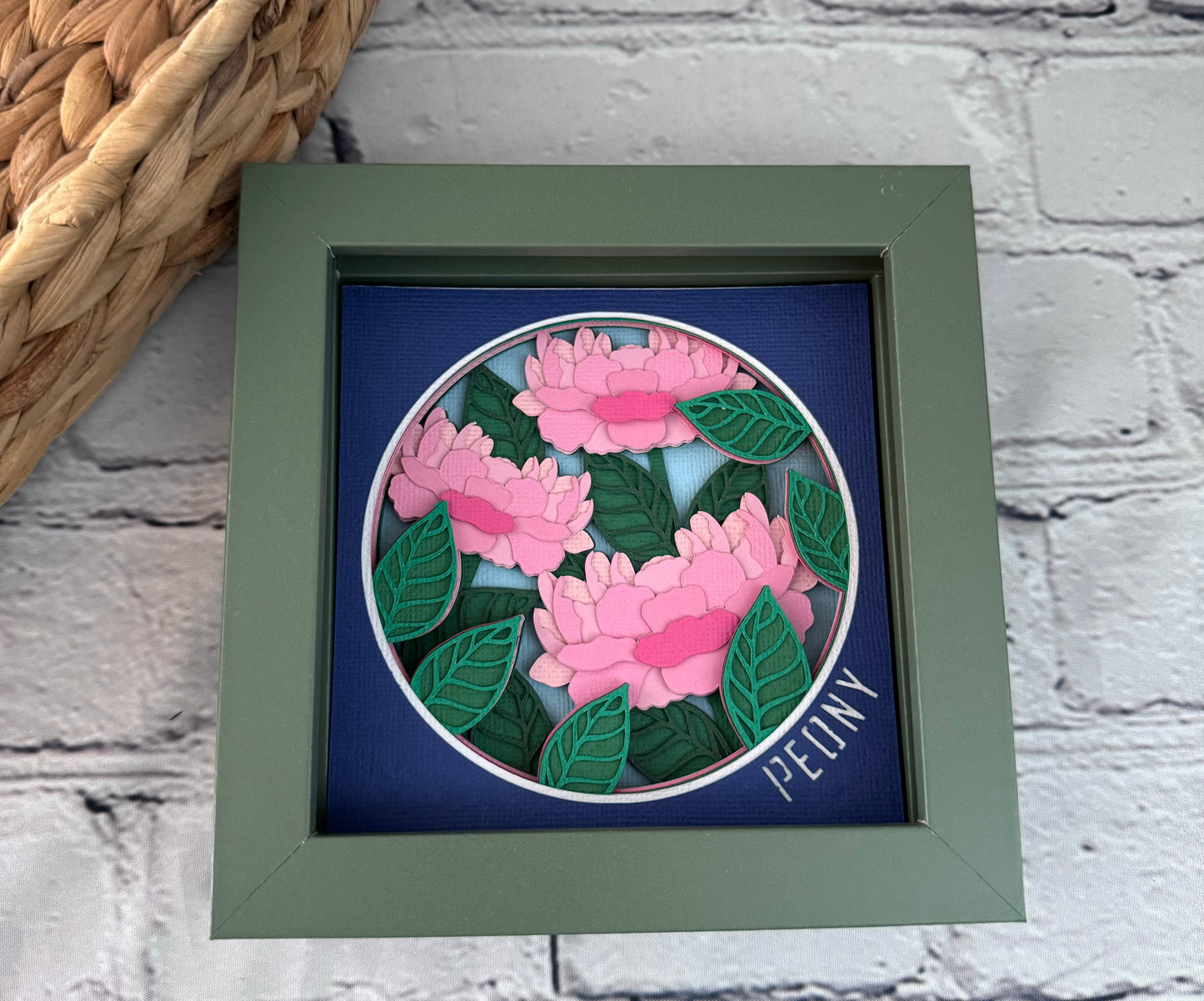 Peony mini 3D paper art in a shadowbox