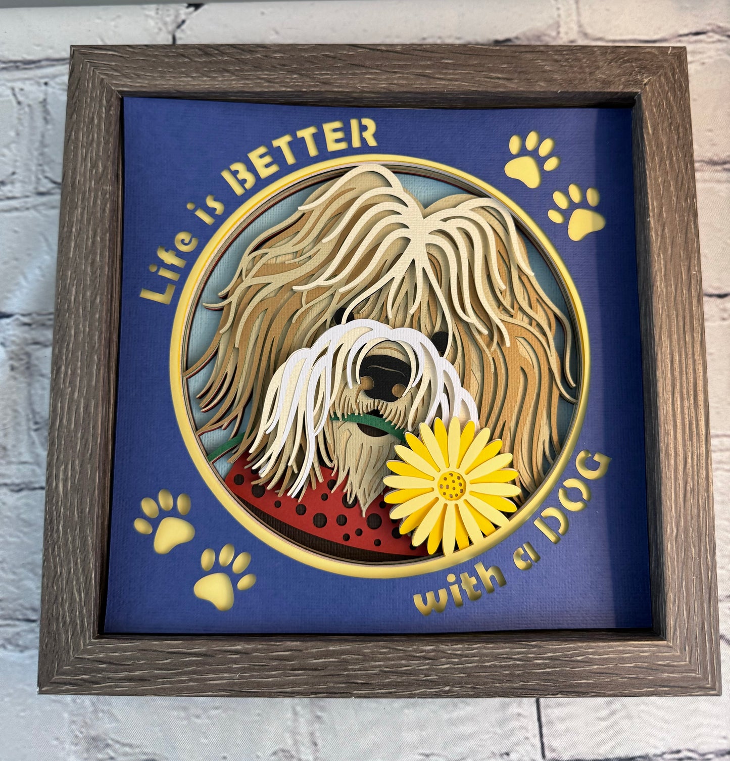 Life is better with a dog 3D paper art in a shadowbox