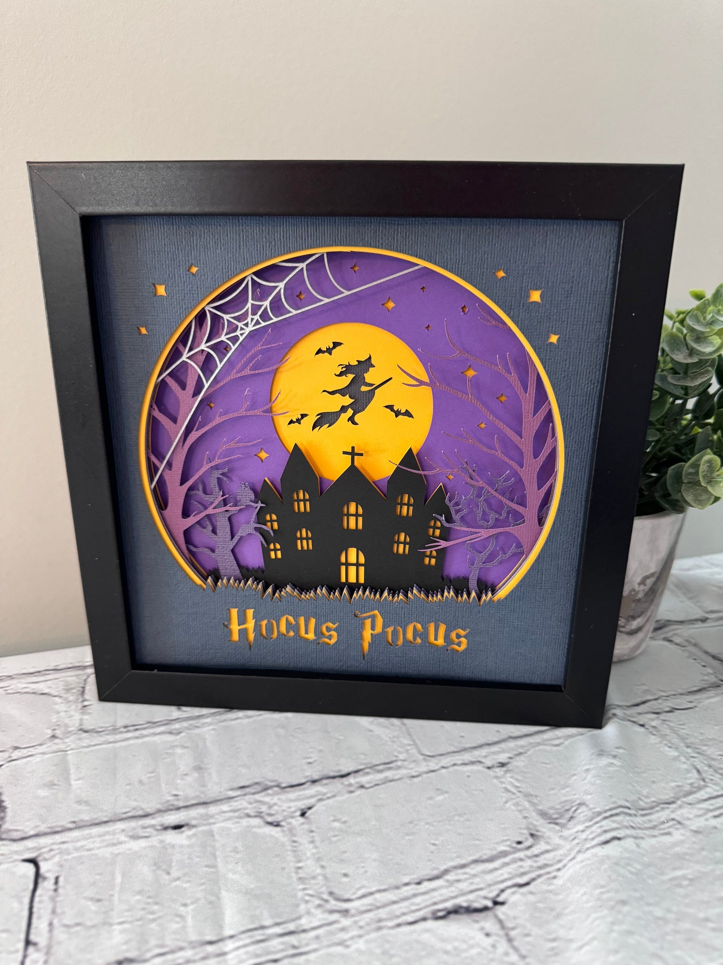 Purple hocus pocus witch flying design 3D paper art in a shadowbox