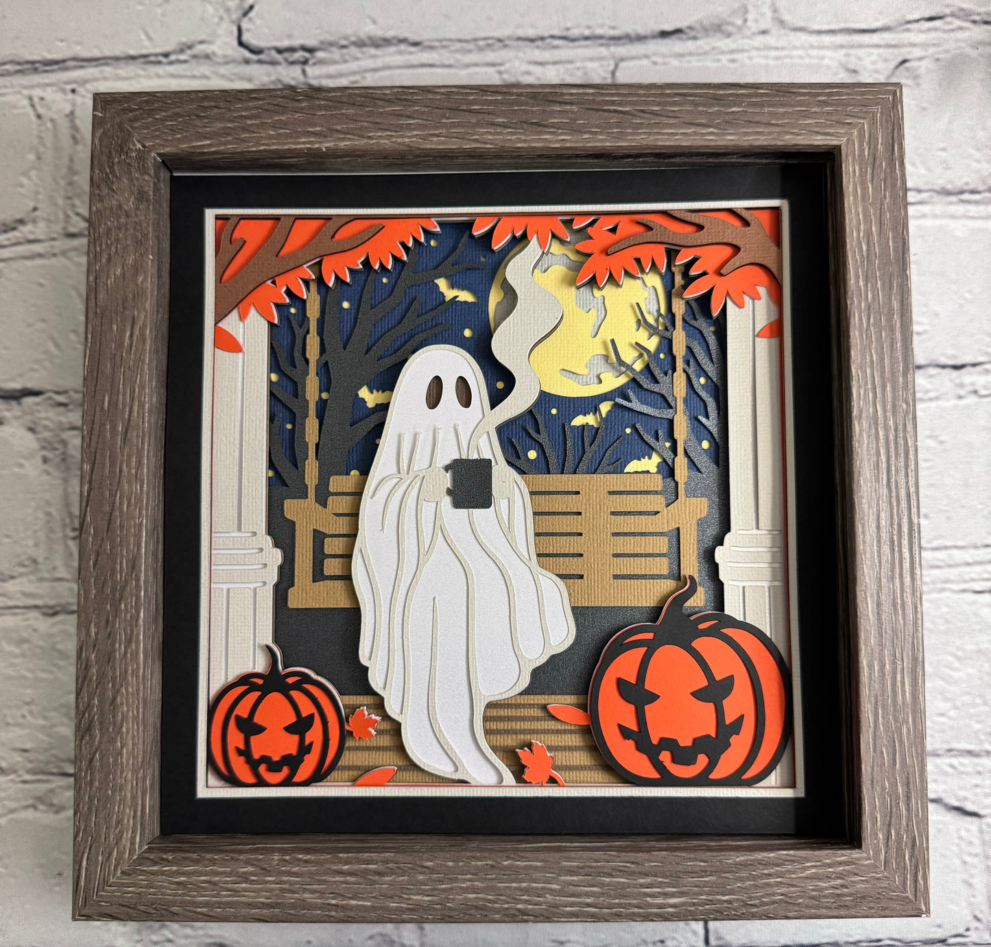 Ghost with coffee on swing 3D paper art shadowbox