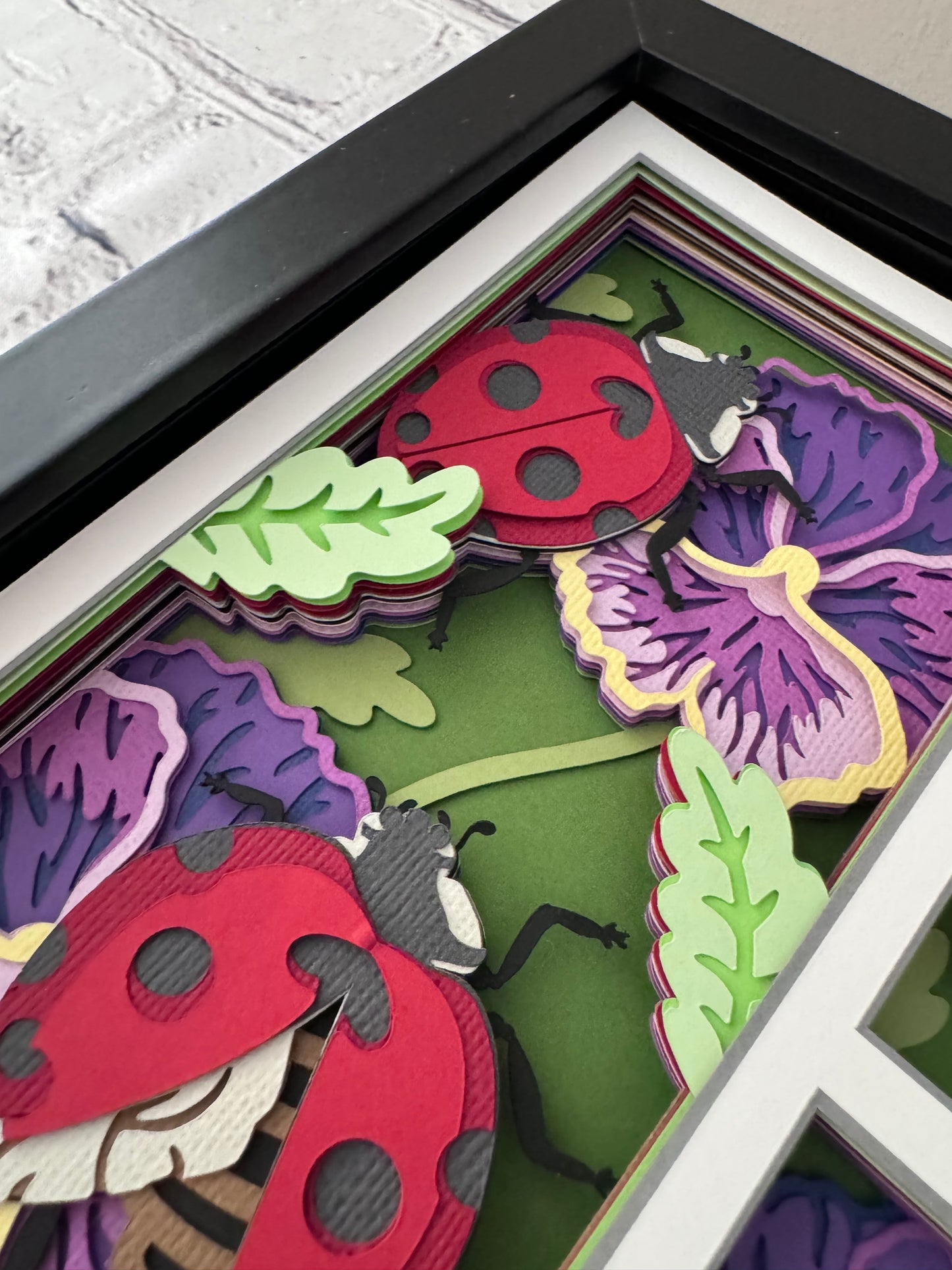 Ladybug and flowers design 3D paper art in a shadowbox