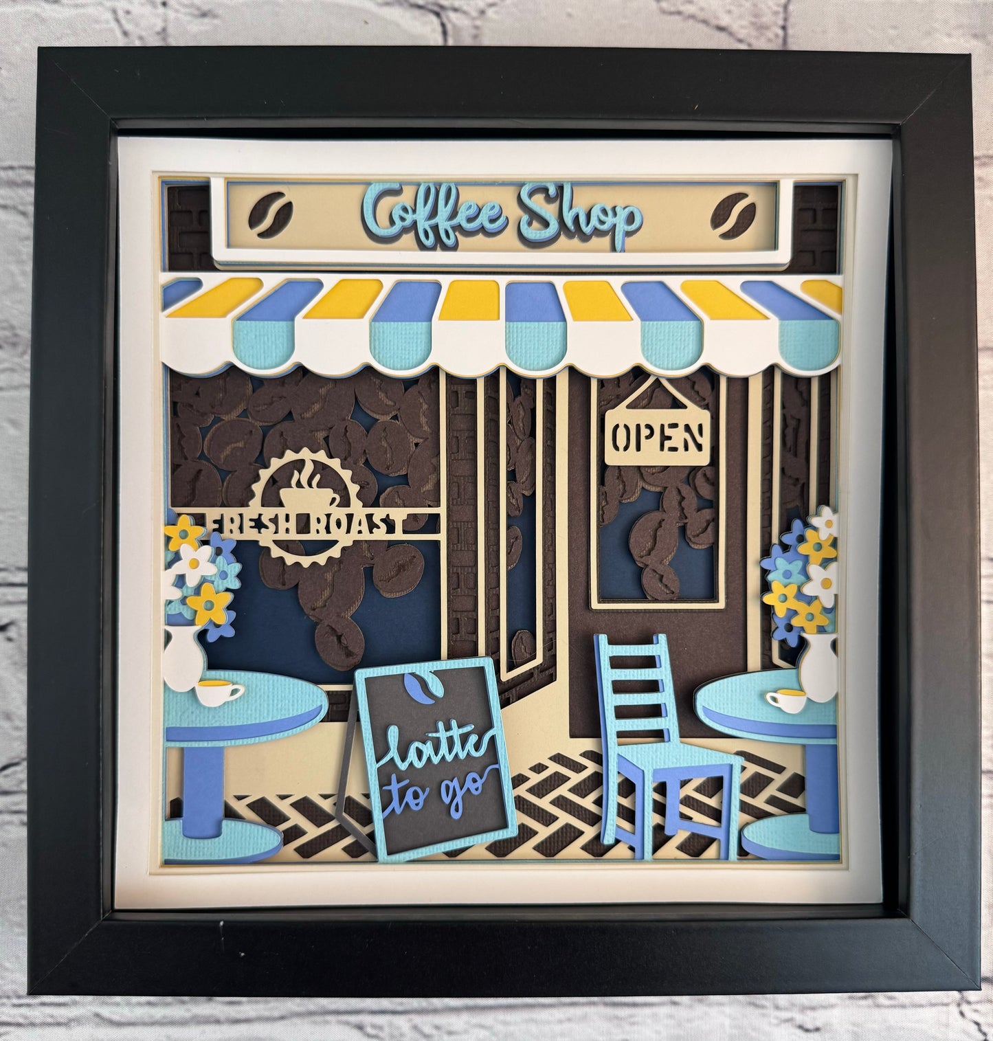 Coffee shop 3D paper art in a shadowbox