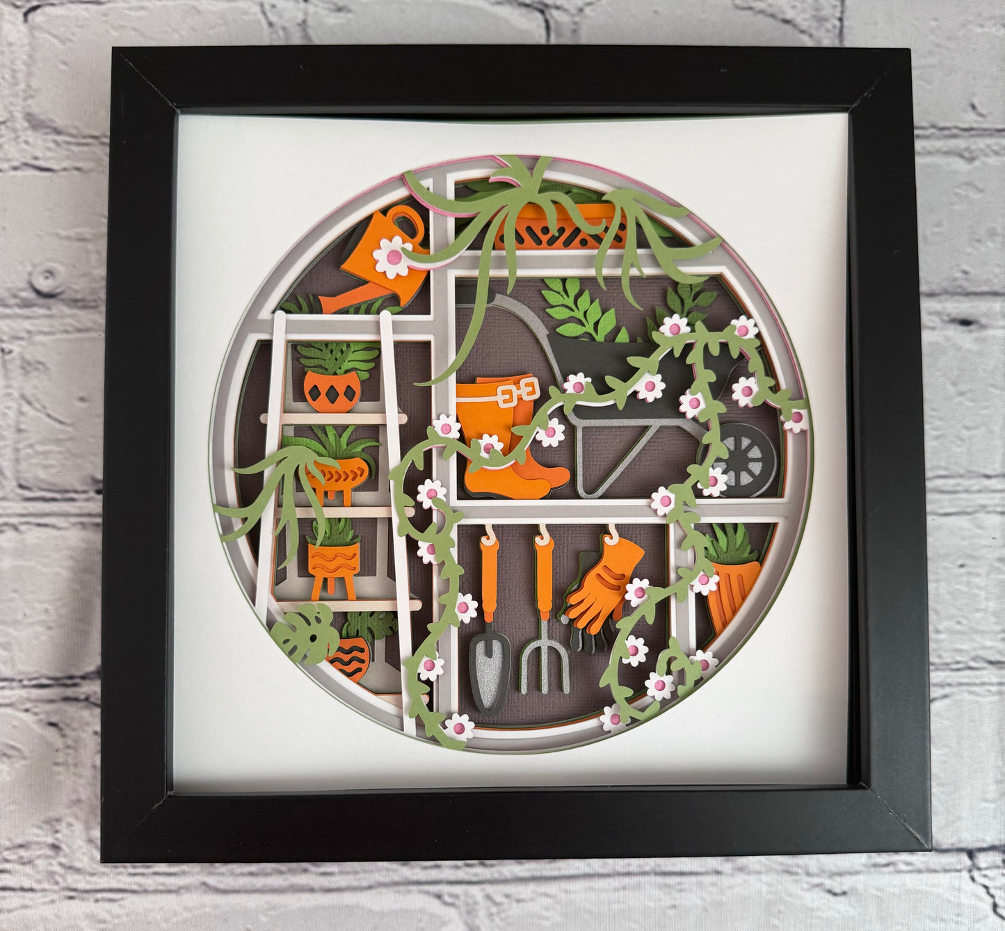 Gardening scene round version 3D paper art in a shadowbox