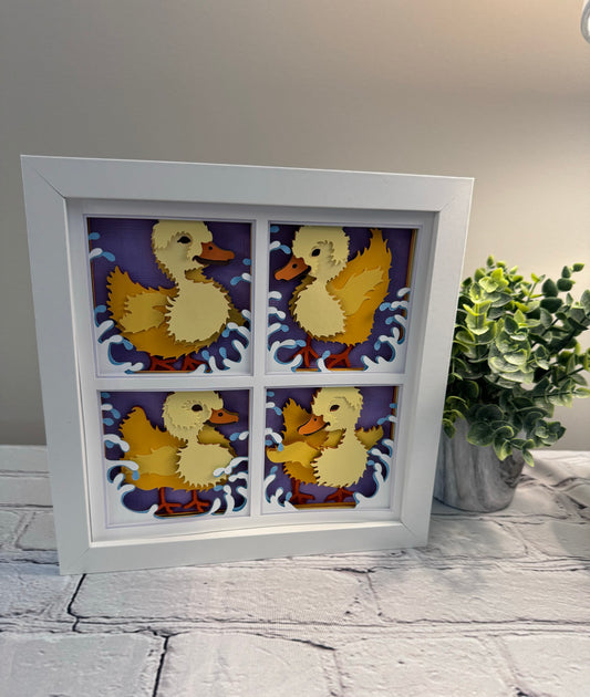 Ducklings in four panels 3D paper art in a shadowbox